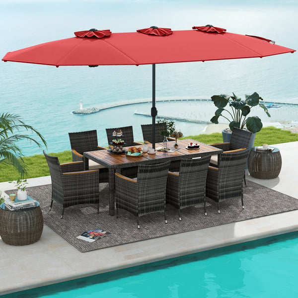 Acacia wood tabletop and armrests add more elegance<br>Appealing rattan surface withstands outdoor use<br>Comfortable to sit with soft padded cushions<br>Zippered cushion cover for easy maintenance<br>Large double-sized patio umbrella for better relaxing 