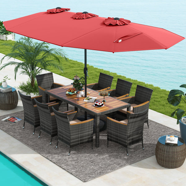 Acacia wood tabletop and armrests add more elegance<br>Appealing rattan surface withstands outdoor use<br>Comfortable to sit with soft padded cushions<br>Zippered cushion cover for easy maintenance<br>Large double-sized patio umbrella for better relaxing 