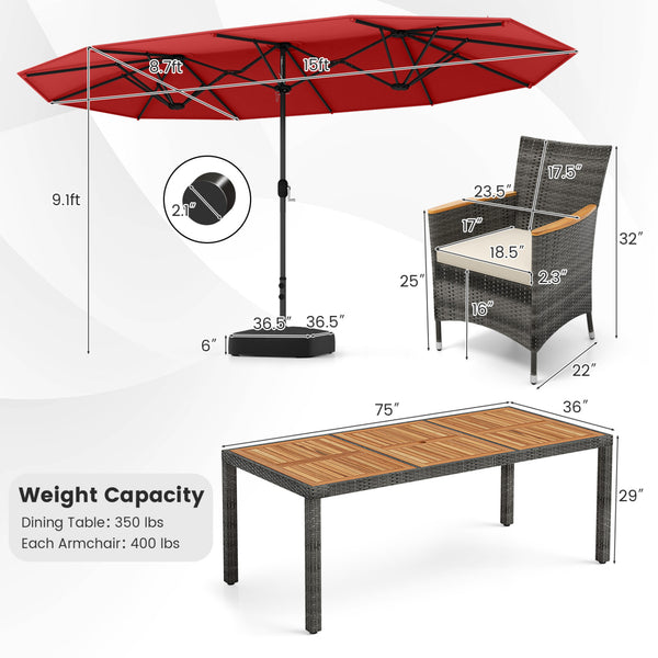 Acacia wood tabletop and armrests add more elegance<br>Appealing rattan surface withstands outdoor use<br>Comfortable to sit with soft padded cushions<br>Zippered cushion cover for easy maintenance<br>Large double-sized patio umbrella for better relaxing 