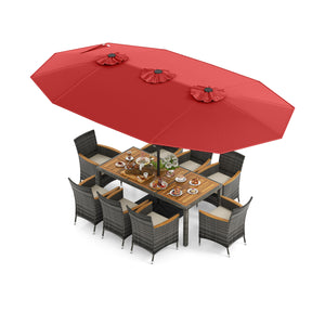 Acacia wood tabletop and armrests add more elegance<br>Appealing rattan surface withstands outdoor use<br>Comfortable to sit with soft padded cushions<br>Zippered cushion cover for easy maintenance<br>Large double-sized patio umbrella for better relaxing 