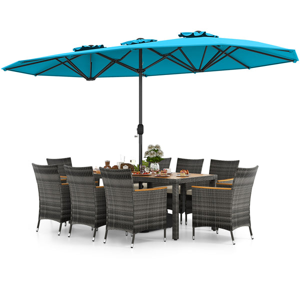 Acacia wood tabletop and armrests add more elegance<br>Appealing rattan surface withstands outdoor use<br>Comfortable to sit with soft padded cushions<br>Zippered cushion cover for easy maintenance<br>Large double-sized patio umbrella for better relaxing 