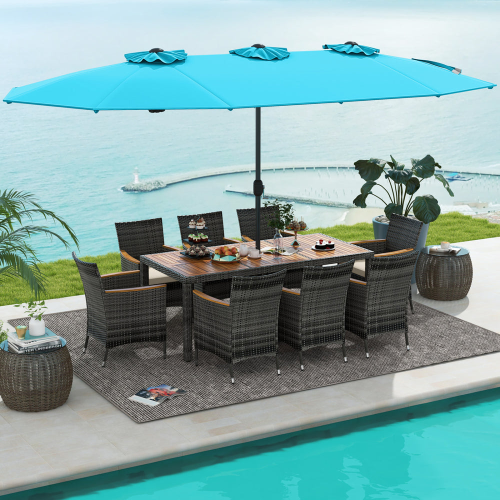 Acacia wood tabletop and armrests add more elegance<br>Appealing rattan surface withstands outdoor use<br>Comfortable to sit with soft padded cushions<br>Zippered cushion cover for easy maintenance<br>Large double-sized patio umbrella for better relaxing 