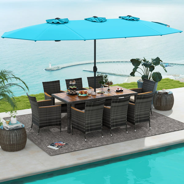 Acacia wood tabletop and armrests add more elegance<br>Appealing rattan surface withstands outdoor use<br>Comfortable to sit with soft padded cushions<br>Zippered cushion cover for easy maintenance<br>Large double-sized patio umbrella for better relaxing 