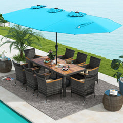 Acacia wood tabletop and armrests add more elegance<br>Appealing rattan surface withstands outdoor use<br>Comfortable to sit with soft padded cushions<br>Zippered cushion cover for easy maintenance<br>Large double-sized patio umbrella for better relaxing 