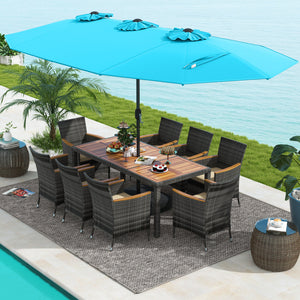 Acacia wood tabletop and armrests add more elegance<br>Appealing rattan surface withstands outdoor use<br>Comfortable to sit with soft padded cushions<br>Zippered cushion cover for easy maintenance<br>Large double-sized patio umbrella for better relaxing 
