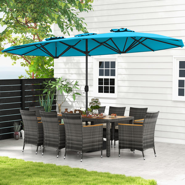Acacia wood tabletop and armrests add more elegance<br>Appealing rattan surface withstands outdoor use<br>Comfortable to sit with soft padded cushions<br>Zippered cushion cover for easy maintenance<br>Large double-sized patio umbrella for better relaxing 
