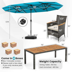 Acacia wood tabletop and armrests add more elegance<br>Appealing rattan surface withstands outdoor use<br>Comfortable to sit with soft padded cushions<br>Zippered cushion cover for easy maintenance<br>Large double-sized patio umbrella for better relaxing 
