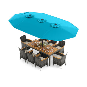 Acacia wood tabletop and armrests add more elegance<br>Appealing rattan surface withstands outdoor use<br>Comfortable to sit with soft padded cushions<br>Zippered cushion cover for easy maintenance<br>Large double-sized patio umbrella for better relaxing 