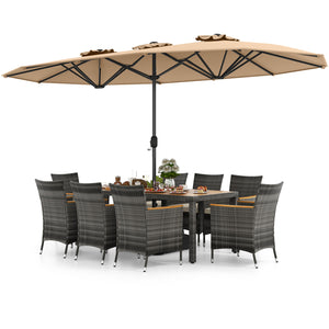 Acacia wood tabletop and armrests add more elegance<br>Appealing rattan surface withstands outdoor use<br>Comfortable to sit with soft padded cushions<br>Zippered cushion cover for easy maintenance<br>Large double-sized patio umbrella for better relaxing 