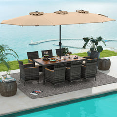 Acacia wood tabletop and armrests add more elegance<br>Appealing rattan surface withstands outdoor use<br>Comfortable to sit with soft padded cushions<br>Zippered cushion cover for easy maintenance<br>Large double-sized patio umbrella for better relaxing 