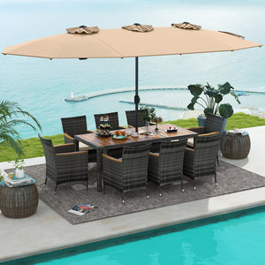 Acacia wood tabletop and armrests add more elegance<br>Appealing rattan surface withstands outdoor use<br>Comfortable to sit with soft padded cushions<br>Zippered cushion cover for easy maintenance<br>Large double-sized patio umbrella for better relaxing 