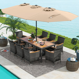 Acacia wood tabletop and armrests add more elegance<br>Appealing rattan surface withstands outdoor use<br>Comfortable to sit with soft padded cushions<br>Zippered cushion cover for easy maintenance<br>Large double-sized patio umbrella for better relaxing 