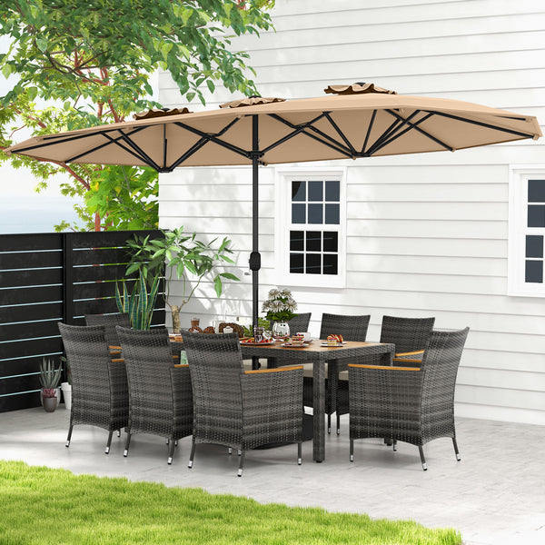 Acacia wood tabletop and armrests add more elegance<br>Appealing rattan surface withstands outdoor use<br>Comfortable to sit with soft padded cushions<br>Zippered cushion cover for easy maintenance<br>Large double-sized patio umbrella for better relaxing 