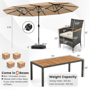 Acacia wood tabletop and armrests add more elegance<br>Appealing rattan surface withstands outdoor use<br>Comfortable to sit with soft padded cushions<br>Zippered cushion cover for easy maintenance<br>Large double-sized patio umbrella for better relaxing 