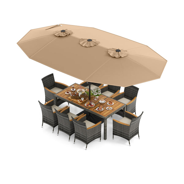 Acacia wood tabletop and armrests add more elegance<br>Appealing rattan surface withstands outdoor use<br>Comfortable to sit with soft padded cushions<br>Zippered cushion cover for easy maintenance<br>Large double-sized patio umbrella for better relaxing 