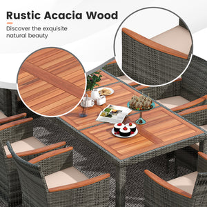 Acacia wood tabletop and armrests add more elegance<br>Appealing rattan surface withstands outdoor use<br>Comfortable to sit with soft padded cushions<br>Zippered cushion cover for easy maintenance<br>Large double-sized patio umbrella for better relaxing 