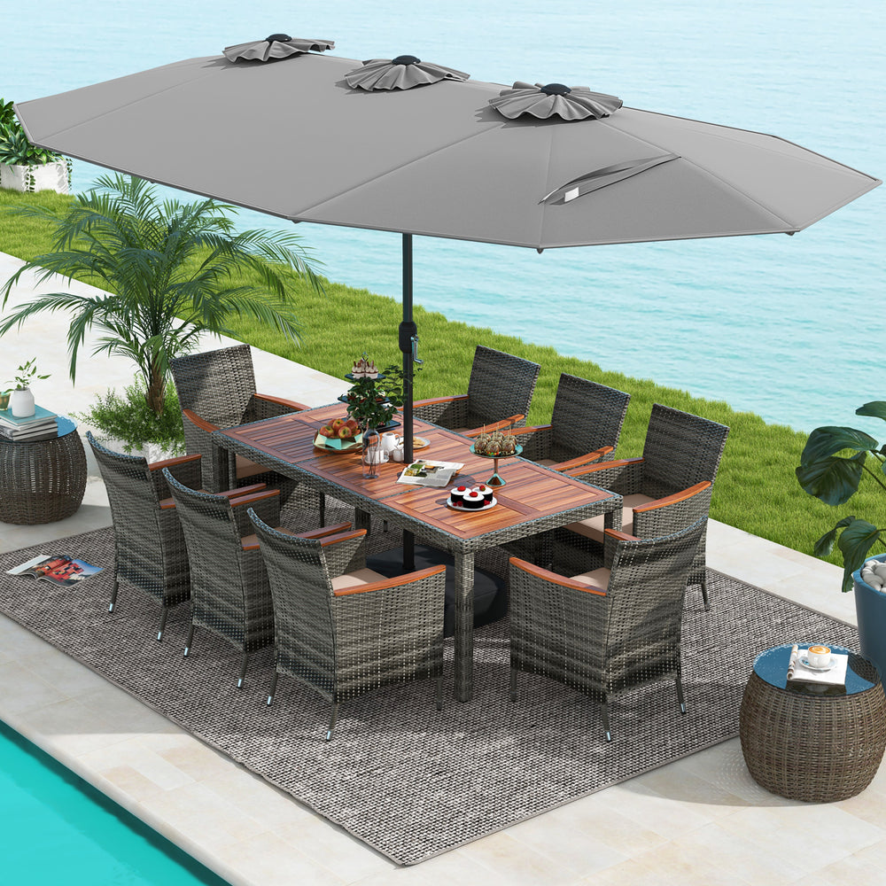 Acacia wood tabletop and armrests add more elegance<br>Appealing rattan surface withstands outdoor use<br>Comfortable to sit with soft padded cushions<br>Zippered cushion cover for easy maintenance<br>Large double-sized patio umbrella for better relaxing 