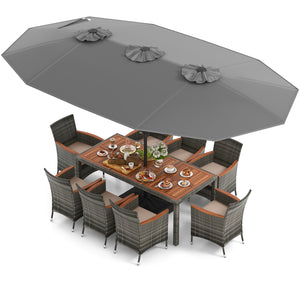 Acacia wood tabletop and armrests add more elegance<br>Appealing rattan surface withstands outdoor use<br>Comfortable to sit with soft padded cushions<br>Zippered cushion cover for easy maintenance<br>Large double-sized patio umbrella for better relaxing 