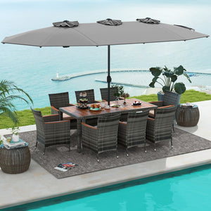 Acacia wood tabletop and armrests add more elegance<br>Appealing rattan surface withstands outdoor use<br>Comfortable to sit with soft padded cushions<br>Zippered cushion cover for easy maintenance<br>Large double-sized patio umbrella for better relaxing 