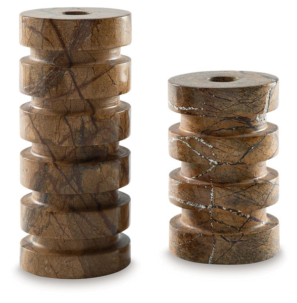 Add a soft glimmer to counters and tables with this candle holder set. Exuding a sense of earthy elegance, these contemporary tan marble accent pieces bring your design game full circle in a glowing light.<br><br><b>Additional Dimensions</b><br><ul><li>Ca