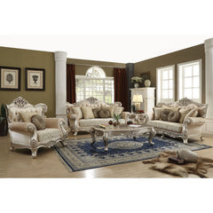 This beautiful elegant sofa set blends classic French and European inspired Victorian-era elements into one. The luxurious champagne finished, crystal like button tufted back and plush seat support you in lavish comfort and extraordinary style. The intric