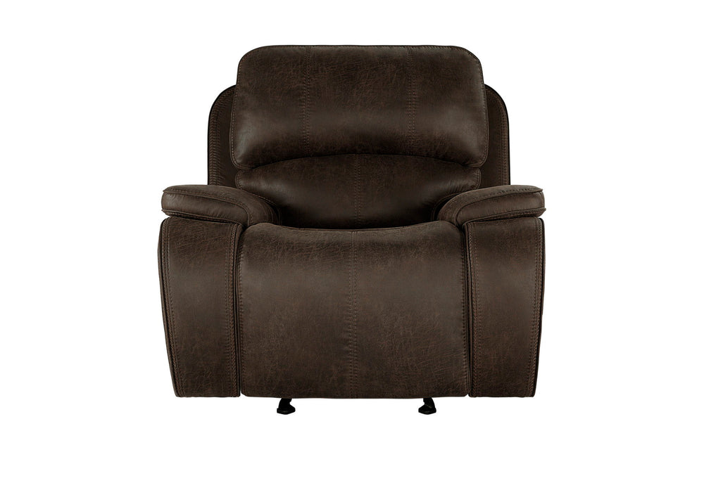 Unwind in style with the Brookings Glider Recliner in rustic brown. Upholstered in a leather-look polyester/pu fabric, this recliner offers the rich appearance of real leather at a fraction of the cost. Tailored to perfection with pillowed arms and double