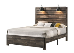 This bedroom set marries rustic appeal with contemporary lines, offering a cozy yet refined aesthetic to any modern home. The set features a generously sized bed with a broad, planked headboard with integrated sconces, creating an inviting ambiance. Flank