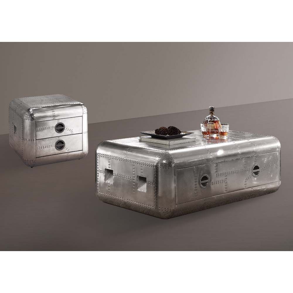 The Brancaster coffee table is the perfect statement piece and goes well with leather upholstery. This rectangular trunk designed aluminum coffee table is designed with a mid-20th century aircraft in mind and features rounded corners, one Felt-Lined drawe
