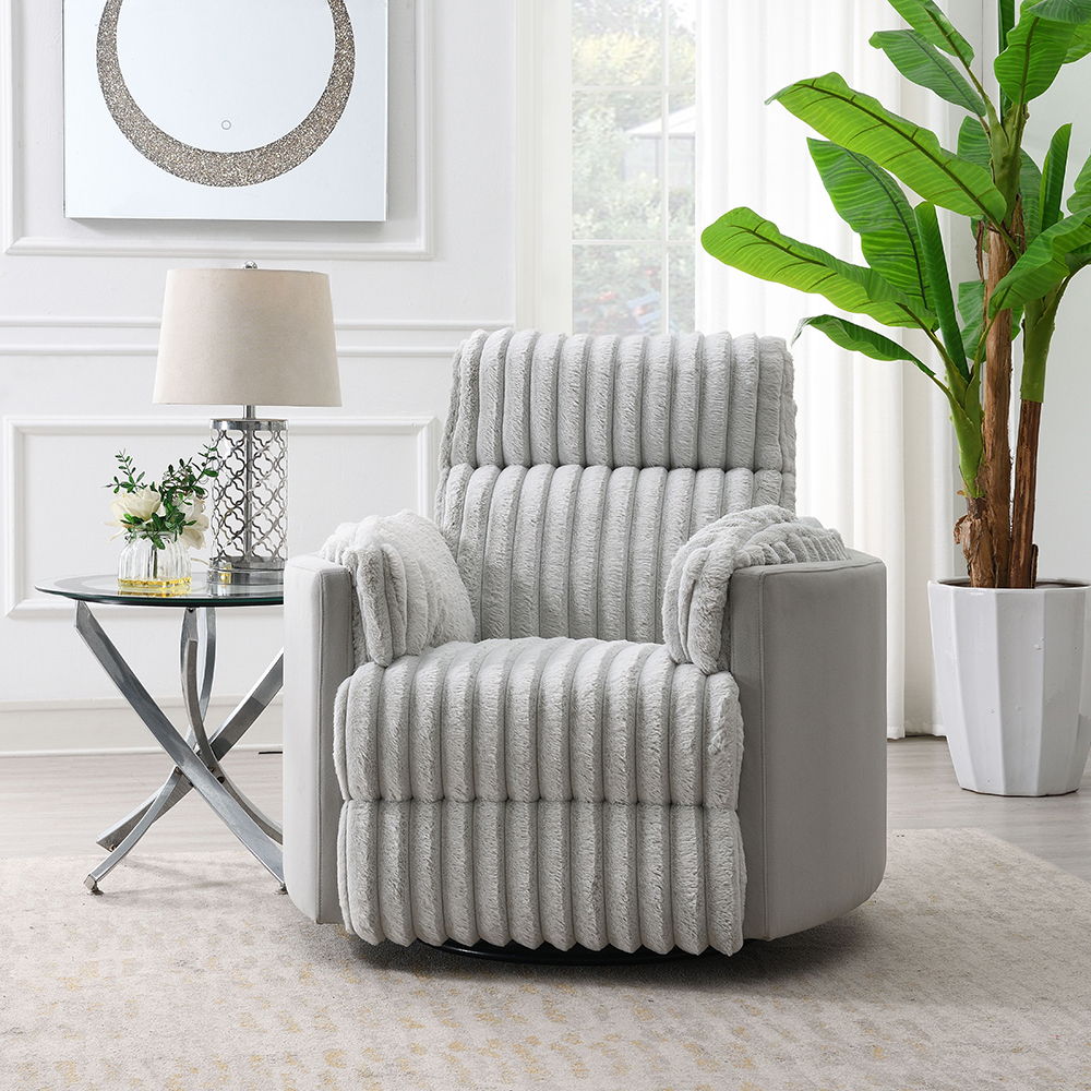 Emee - Glider Recliner With Swivel - Gray Corduroy<br/><br/><b>Product Features</b><ul><li>Seat Construction: Pocket Coil</li><li>Tight Seat & Back Cushion</li><li>Curved Armrest Design</li><li>Console With 2 Cup Holders, Wireless Charge & USB Port</li></