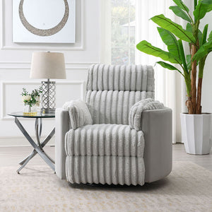 Emee - Glider Recliner With Swivel - Gray Corduroy<br/><br/><b>Product Features</b><ul><li>Seat Construction: Pocket Coil</li><li>Tight Seat & Back Cushion</li><li>Curved Armrest Design</li><li>Console With 2 Cup Holders, Wireless Charge & USB Port</li></