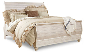Two-tone finish in white wash replicated worn through paint with authentic touch and a replicated wood grained block pattern with authentic touch. Large scaled shapely bedroom collection features bun feet. Ring pull hardware in an antique brass color, acc