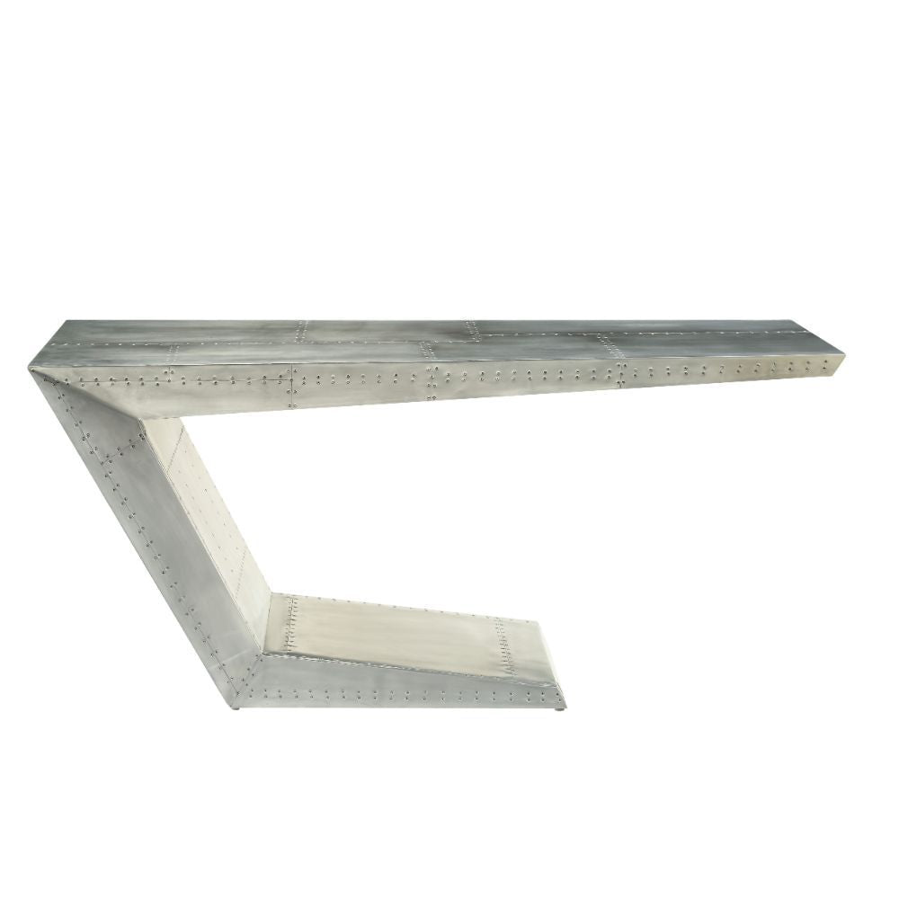 Assembled, Writing Desk â€¢ NO Storage (Open Base) â€¢ Industrial Aviation Style: Aluminum Patchwork â€¢â€¢ CONSTRUCTION â€¢â€¢ Top: Aluminum with Ply Frame (No Back-Panel) â€¢ Metal Base: Geometric Shape, Aluminum with Ply Frame â€¢ (NO Cord Mgmt./NO Key