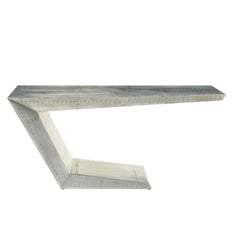 Assembled, Writing Desk â€¢ NO Storage (Open Base) â€¢ Industrial Aviation Style: Aluminum Patchwork â€¢â€¢ CONSTRUCTION â€¢â€¢ Top: Aluminum with Ply Frame (No Back-Panel) â€¢ Metal Base: Geometric Shape, Aluminum with Ply Frame â€¢ (NO Cord Mgmt./NO Key