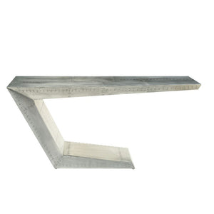 Assembled, Writing Desk â€¢ NO Storage (Open Base) â€¢ Industrial Aviation Style: Aluminum Patchwork â€¢â€¢ CONSTRUCTION â€¢â€¢ Top: Aluminum with Ply Frame (No Back-Panel) â€¢ Metal Base: Geometric Shape, Aluminum with Ply Frame â€¢ (NO Cord Mgmt./NO Key