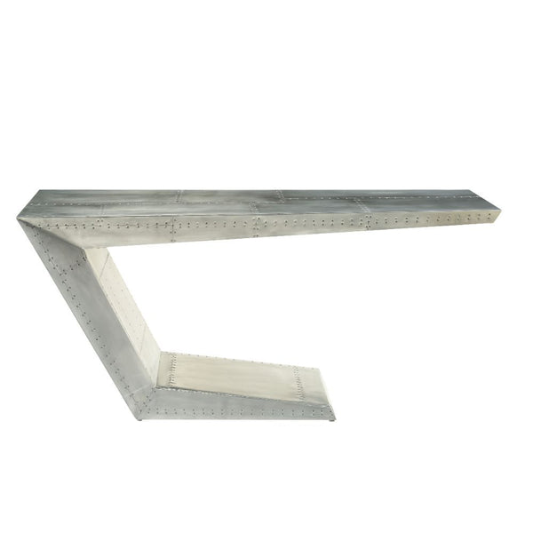 Assembled, Writing Desk â€¢ NO Storage (Open Base) â€¢ Industrial Aviation Style: Aluminum Patchwork â€¢â€¢ CONSTRUCTION â€¢â€¢ Top: Aluminum with Ply Frame (No Back-Panel) â€¢ Metal Base: Geometric Shape, Aluminum with Ply Frame â€¢ (NO Cord Mgmt./NO Key