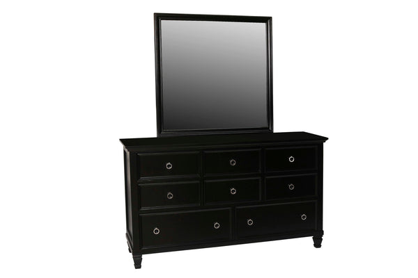 The Tamarack Mirror in Black offers a perfect blend of durability and style. Crafted with a combination of solid poplar, basswood veneers, and eco-friendly manufactured wood, this mirror ensures strength and long-lasting durability. Its versatile transiti