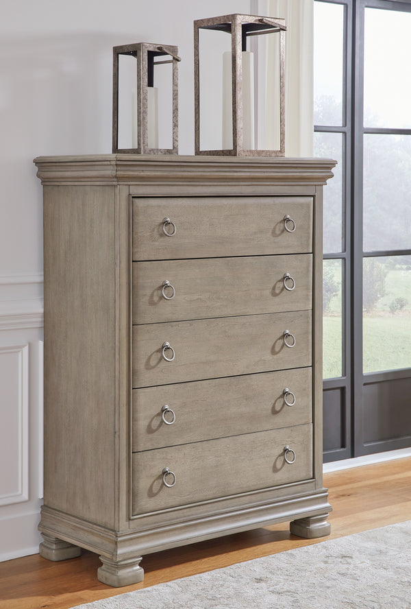 Traditional design motifs, redefined for todayâ€™s trends. Inspired by timeless Louis Philippe styling, this chest of drawers is distinguished by its stunning attention to detail. Youâ€™ll find the light gray finish encourages an attitude of laid-back lux