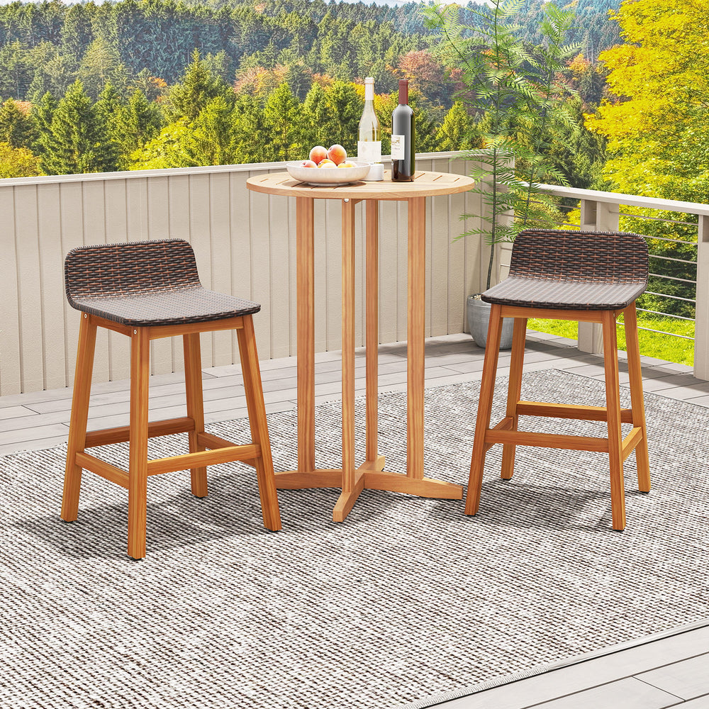High-quality acacia wood construction for durability<br>Splinter-free surfaces for a smooth and safe touch<br>Ergonomic design with a supportive backrest and curved armrests<br>PE rattan seat is fade-resident for long-time use<br>Added footrests for a coz