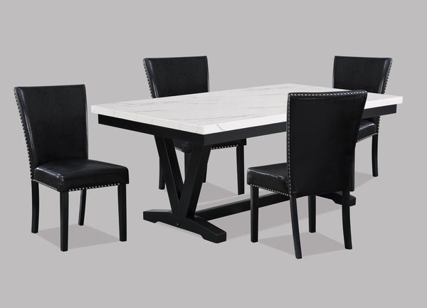 Introducing a harmonious blend of modern sophistication and classic elegance. This dining set showcases a refined faux marble tabletop supported by a distinctively designed black trestle base, creating a striking contrast. Accompanied by sleek chairs, acc