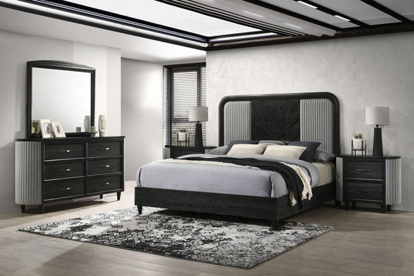 The Skyline 5-Piece Bedroom Set blends modern style with durability. Crafted from solid Rubberwood, engineered woods, and Ash veneers, it features an Onyx Black finish with gray glazing that enhances the wood grain. The upholstered panel bed adds plush co