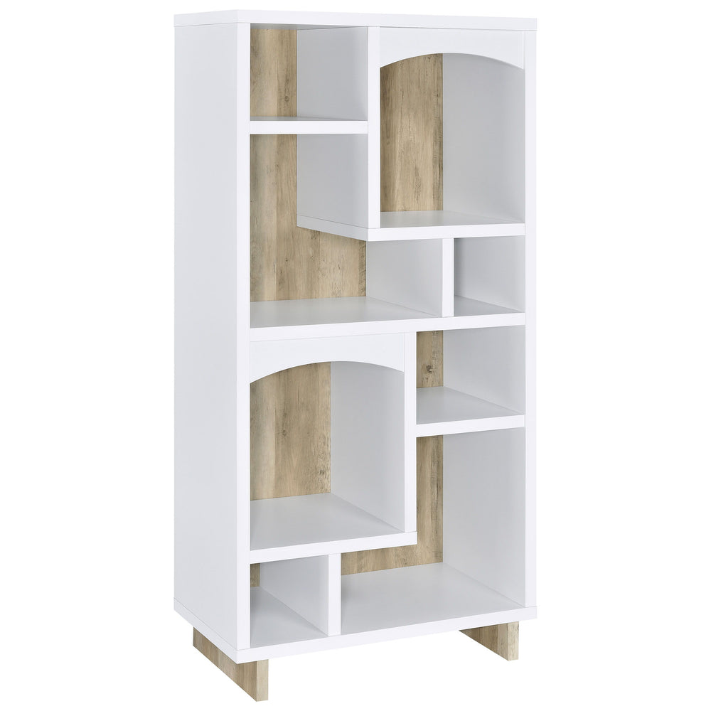 Indulge in the cozy, charming nature of a decorative bookcase. It-'s an asymmetric design with eight compartments over six shelves, offering easy spaces for decor, books, and other personal treasures. The bookcase shows off a two-tone finish combination, 