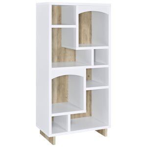 Indulge in the cozy, charming nature of a decorative bookcase. It-'s an asymmetric design with eight compartments over six shelves, offering easy spaces for decor, books, and other personal treasures. The bookcase shows off a two-tone finish combination, 