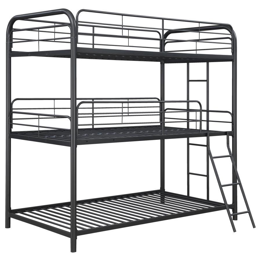 Compact spaces and large families love this triple bunk bed. The modern design is enhanced with clean lines and durable heavy gauge steel construction. Finished in a gunmetal, this stylish triple bunk bed brings function and aesthetics to a youth-'s bedro