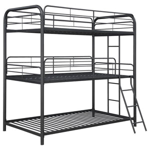 Compact spaces and large families love this triple bunk bed. The modern design is enhanced with clean lines and durable heavy gauge steel construction. Finished in a gunmetal, this stylish triple bunk bed brings function and aesthetics to a youth-'s bedro