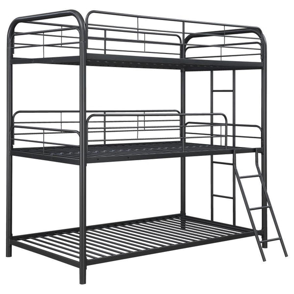 Compact spaces and large families love this triple bunk bed. The modern design is enhanced with clean lines and durable heavy gauge steel construction. Finished in a gunmetal, this stylish triple bunk bed brings function and aesthetics to a youth-'s bedro
