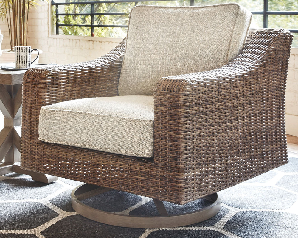 Sporting an easy-on-the-eyes look inspired by driftwood, this swivel lounge chair elevates the art of alfresco living. Beautiful and durable enough for indoor and outdoor use, the high-style/low-maintenance chair entices with plush, removable cushions wra