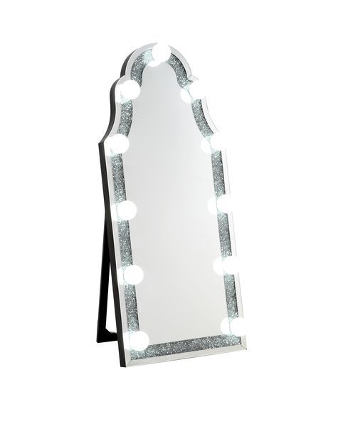 Accent Floor Mirror Hollywood Mirror Bulbs Not Included Beveled Mirrored Frame Trim: Faux Diamond Inlay & Clear Glass<br/><br/><b>Product Features</b><ul><li>Accent Floor Mirrorâ€§ Hollywood Mirrorâ€§ Bulbs Not Includedâ€§ Beveled Mirrored Frameâ€§ Trim: 