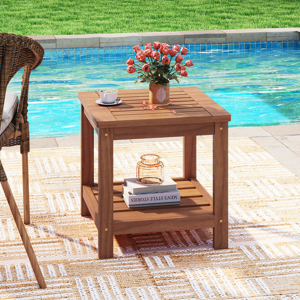 Crafted of solid wood  warp-resistant  reliable  built to last<br>The wood surface with delicate craftsmanship is smooth and splinter-free<br>Treated with waterproof teak oil finish for added protection<br>Comes with a tabletop and a bottom shelf  keep it