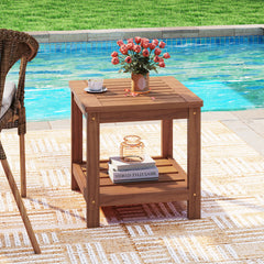 Crafted of solid wood  warp-resistant  reliable  built to last<br>The wood surface with delicate craftsmanship is smooth and splinter-free<br>Treated with waterproof teak oil finish for added protection<br>Comes with a tabletop and a bottom shelf  keep it