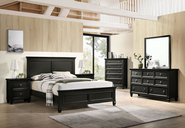 The Tamarack 6 Piece Wood Bedroom Set is a marvel of durable construction, featuring solid poplar, basswood veneers, and eco-friendly manufactured wood for strength and longevity. This exquisite set includes a panel bed, dresser, mirror, chest, and two ni
